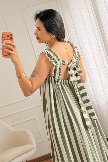 Vestido alça babado listrado com costas em laço - lavishiochicvestidolavishiochic