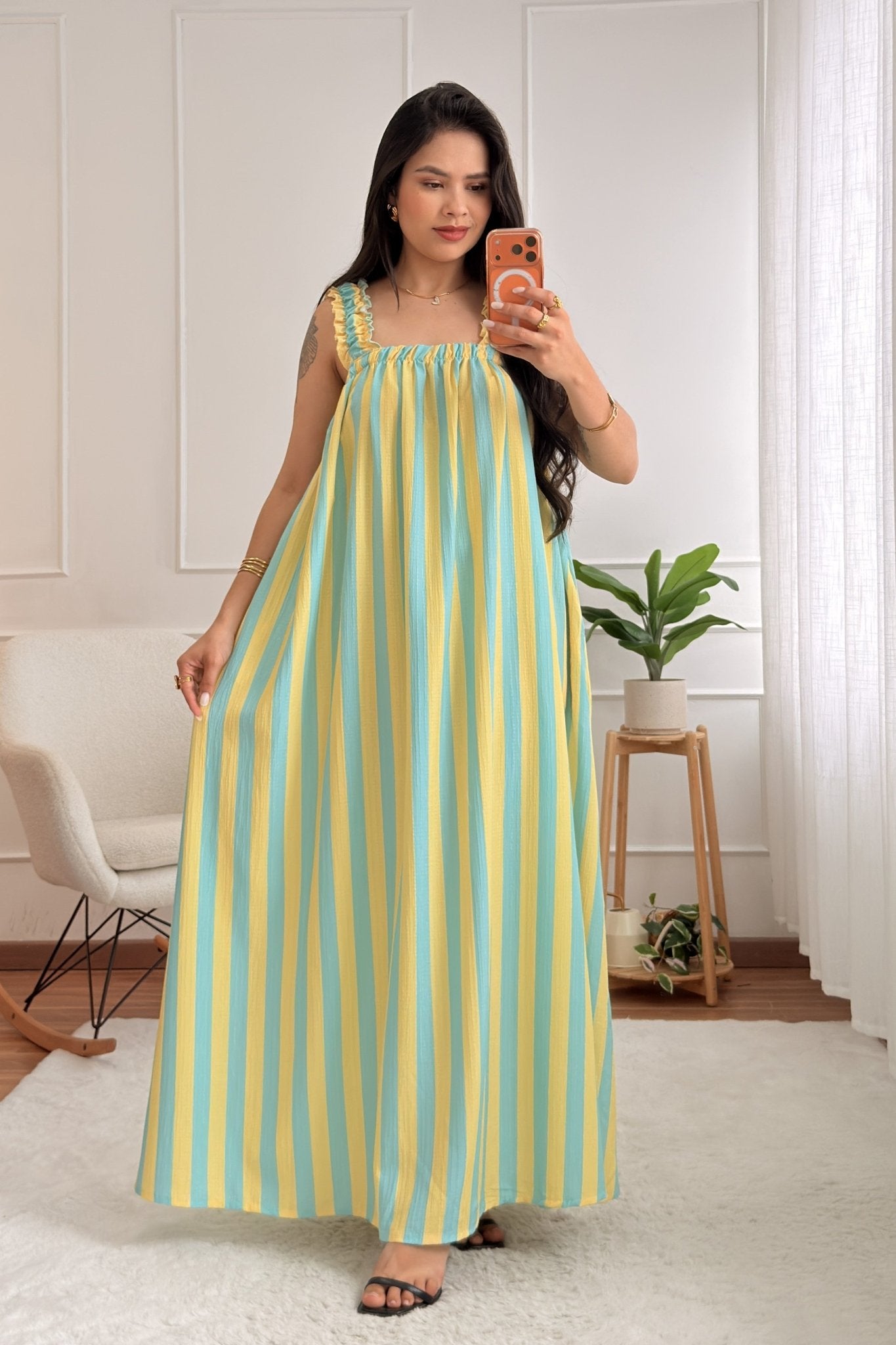 Vestido alça babado listrado com costas em laço - lavishiochicvestidolavishiochic