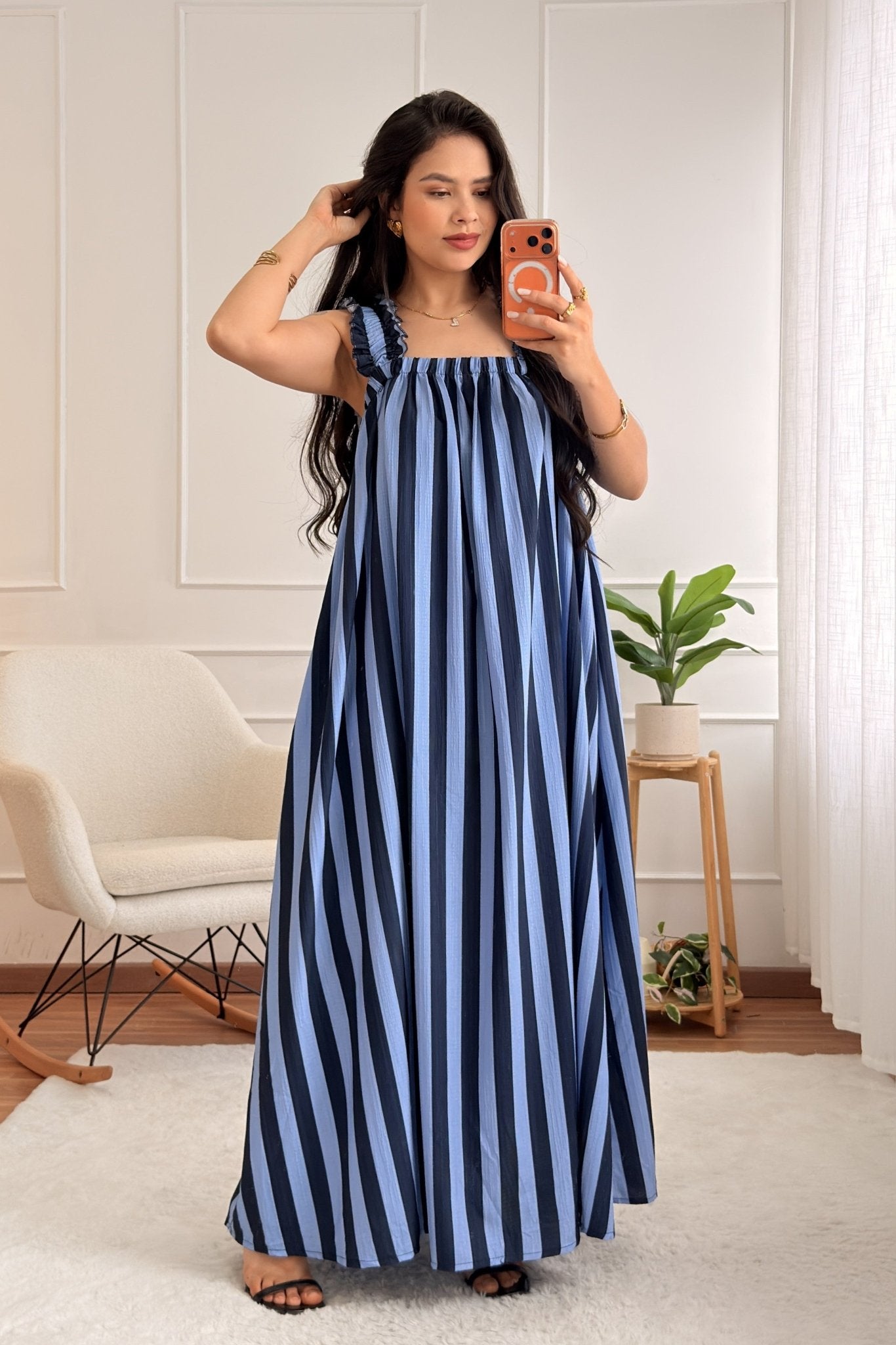 Vestido alça babado listrado com costas em laço - lavishiochicvestidolavishiochic