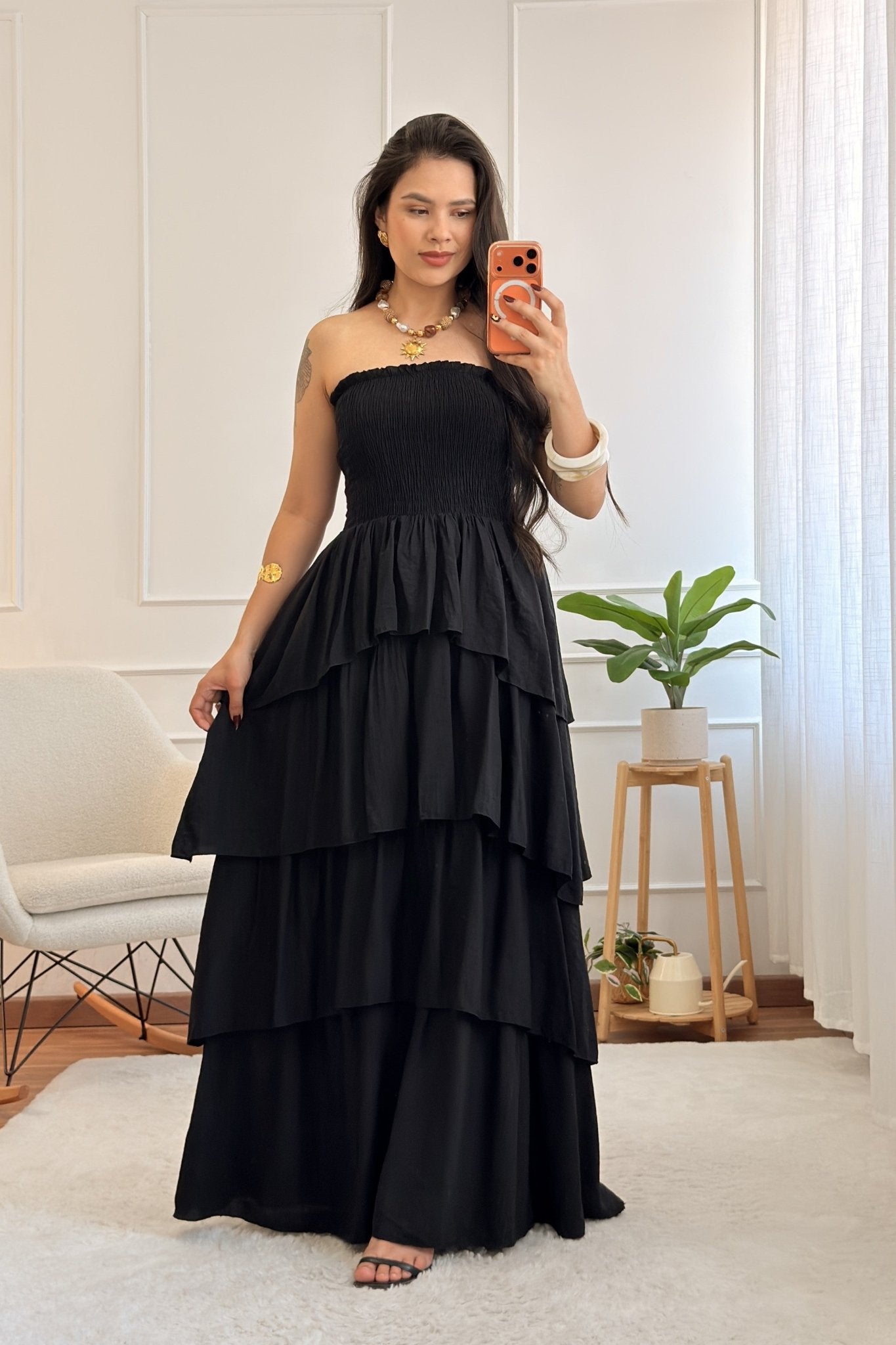 Vestido comprido cai-cai com folhos - lavishiochicvestidolavishiochic
