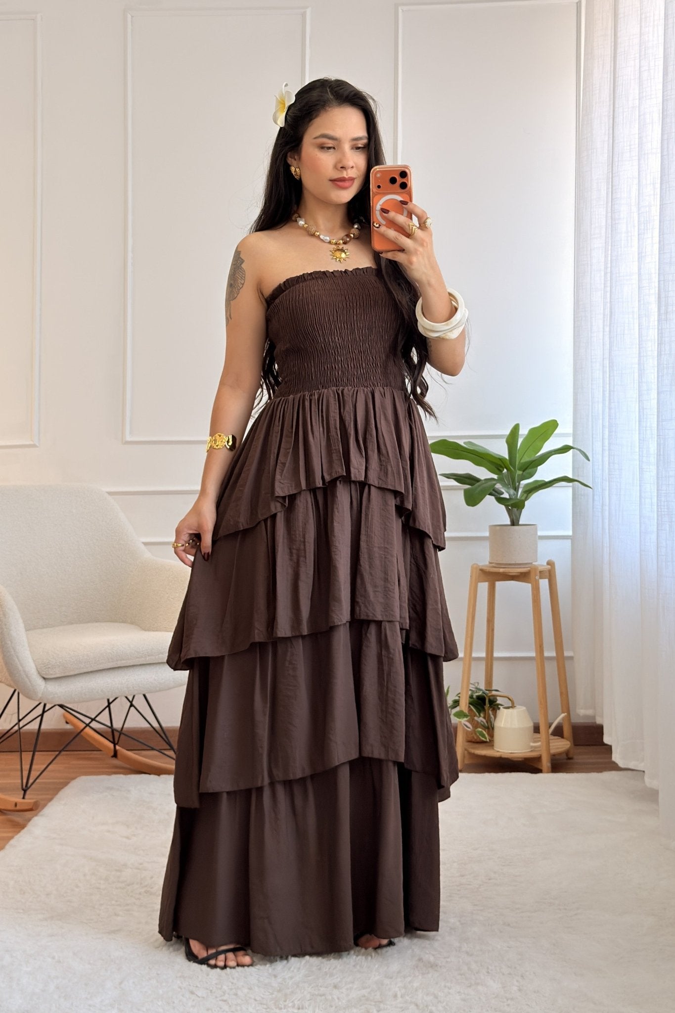 Vestido comprido cai-cai com folhos - lavishiochicvestidolavishiochic