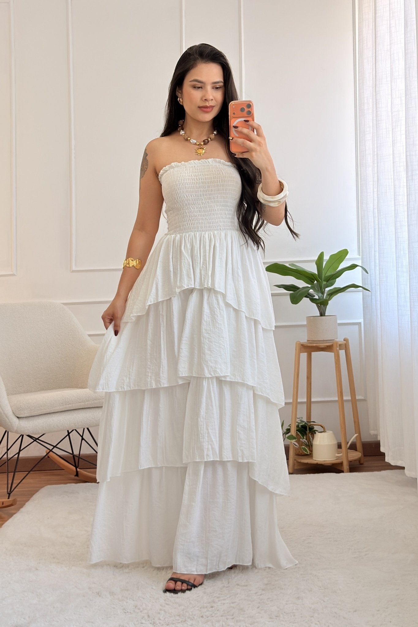 Vestido comprido cai-cai com folhos - lavishiochicvestidolavishiochic