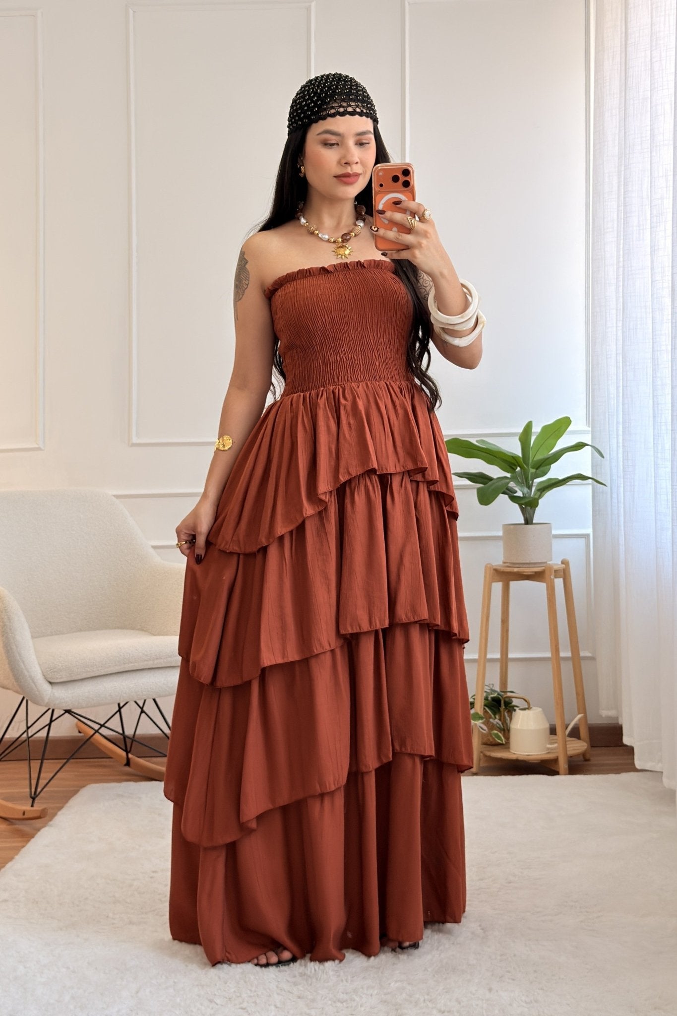 Vestido comprido cai-cai com folhos - lavishiochicvestidolavishiochic