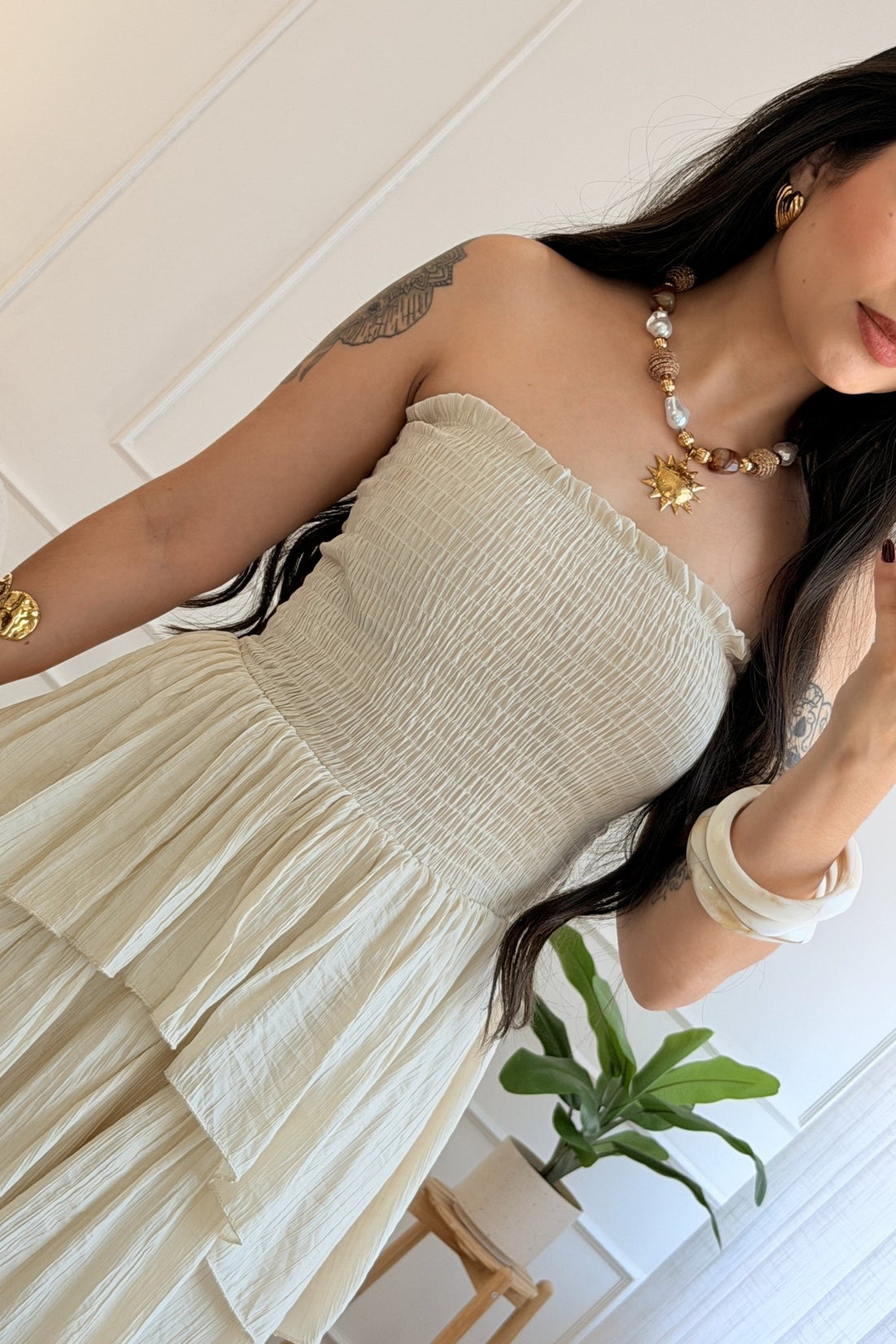 Vestido comprido cai-cai com folhos - lavishiochicvestidolavishiochic