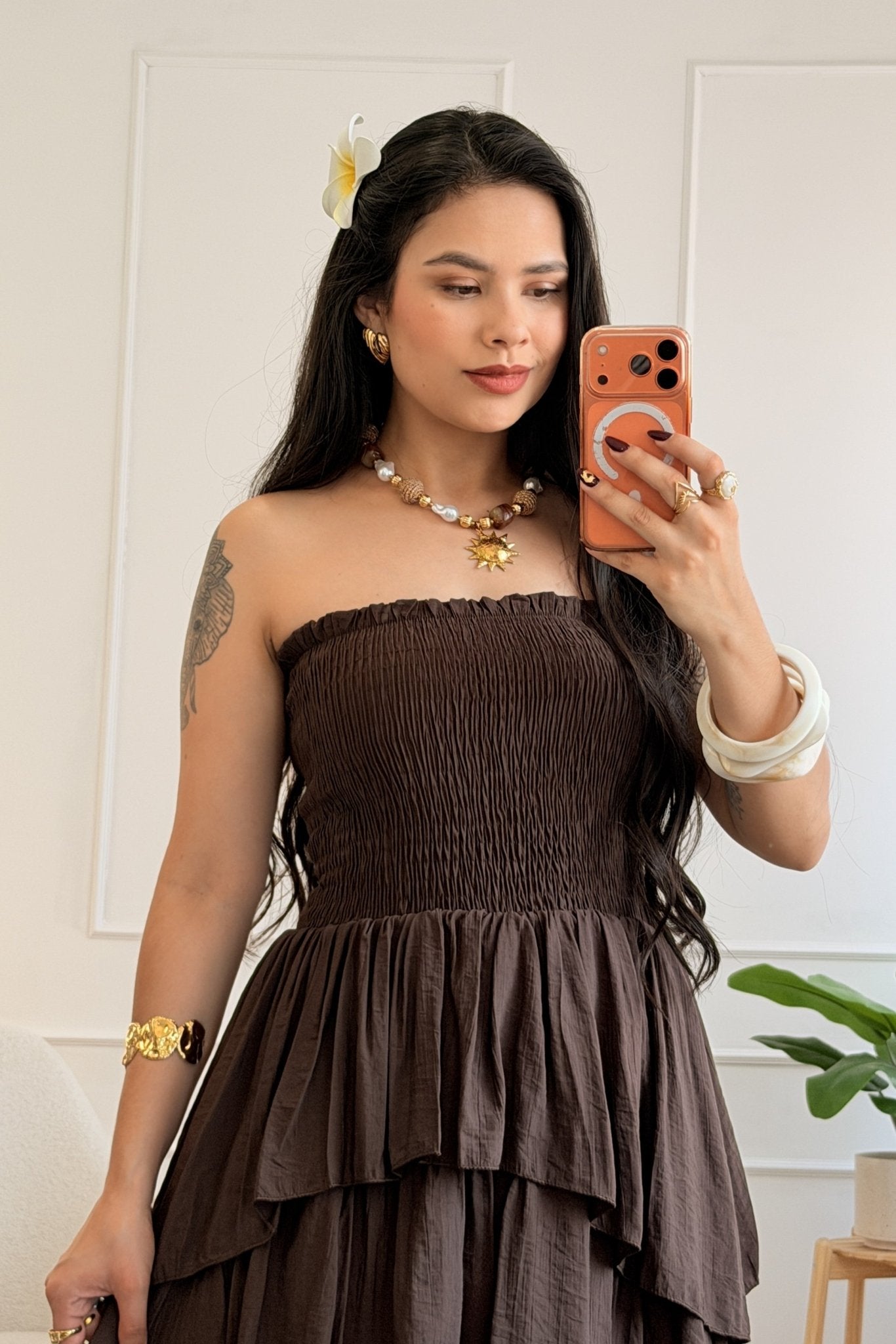 Vestido comprido cai-cai com folhos - lavishiochicvestidolavishiochic