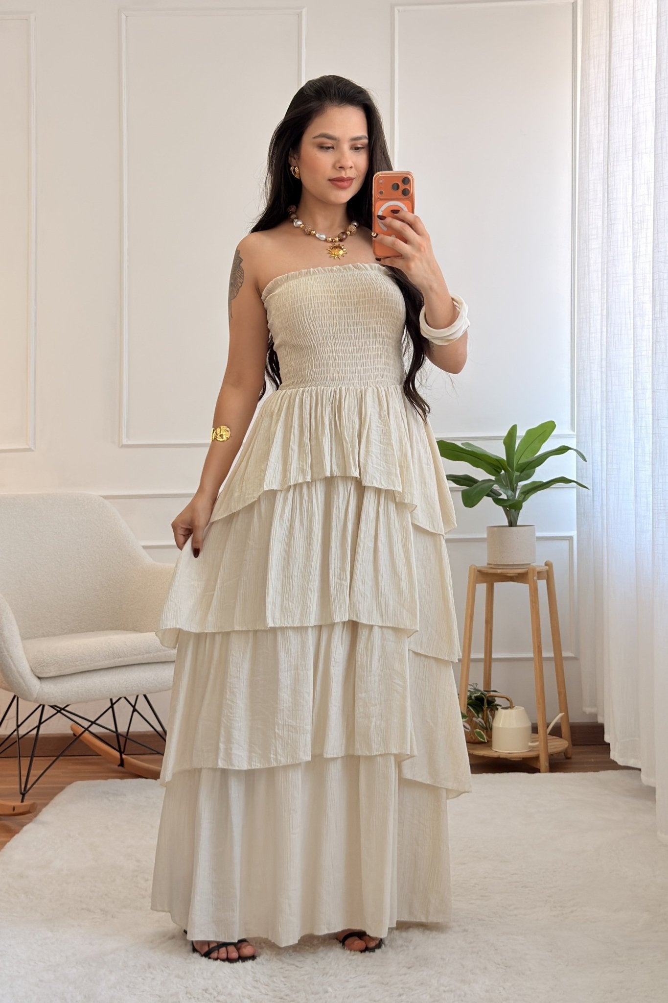 Vestido comprido cai-cai com folhos - lavishiochicvestidolavishiochic