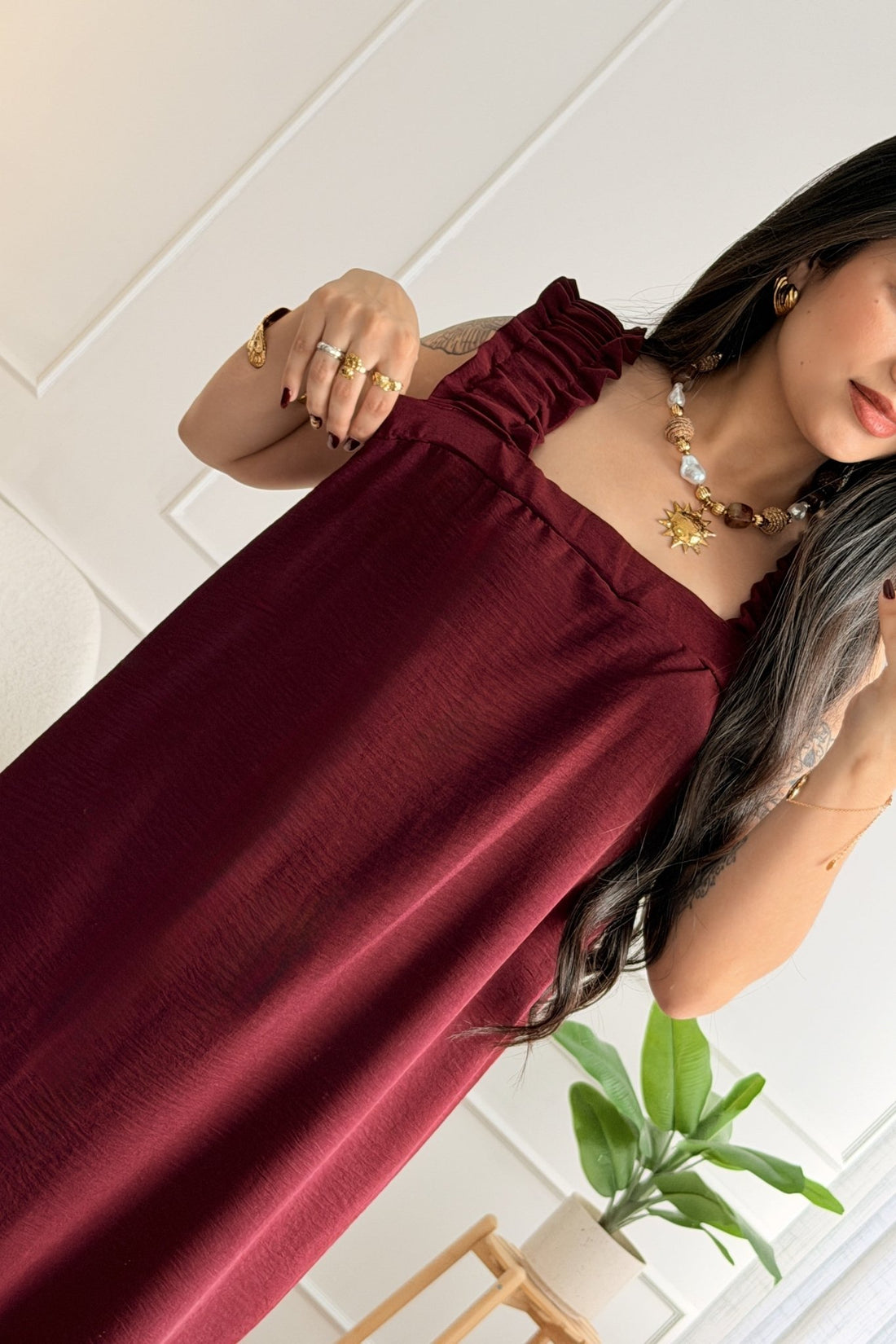 Vestido comprido de alças com folho e laço - lavishiochicvestidolavishiochic