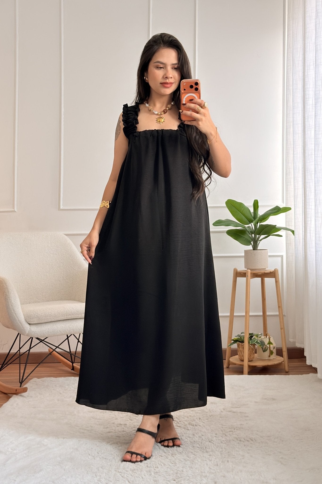 Vestido comprido de alças com folho e laço - lavishiochicvestidolavishiochic