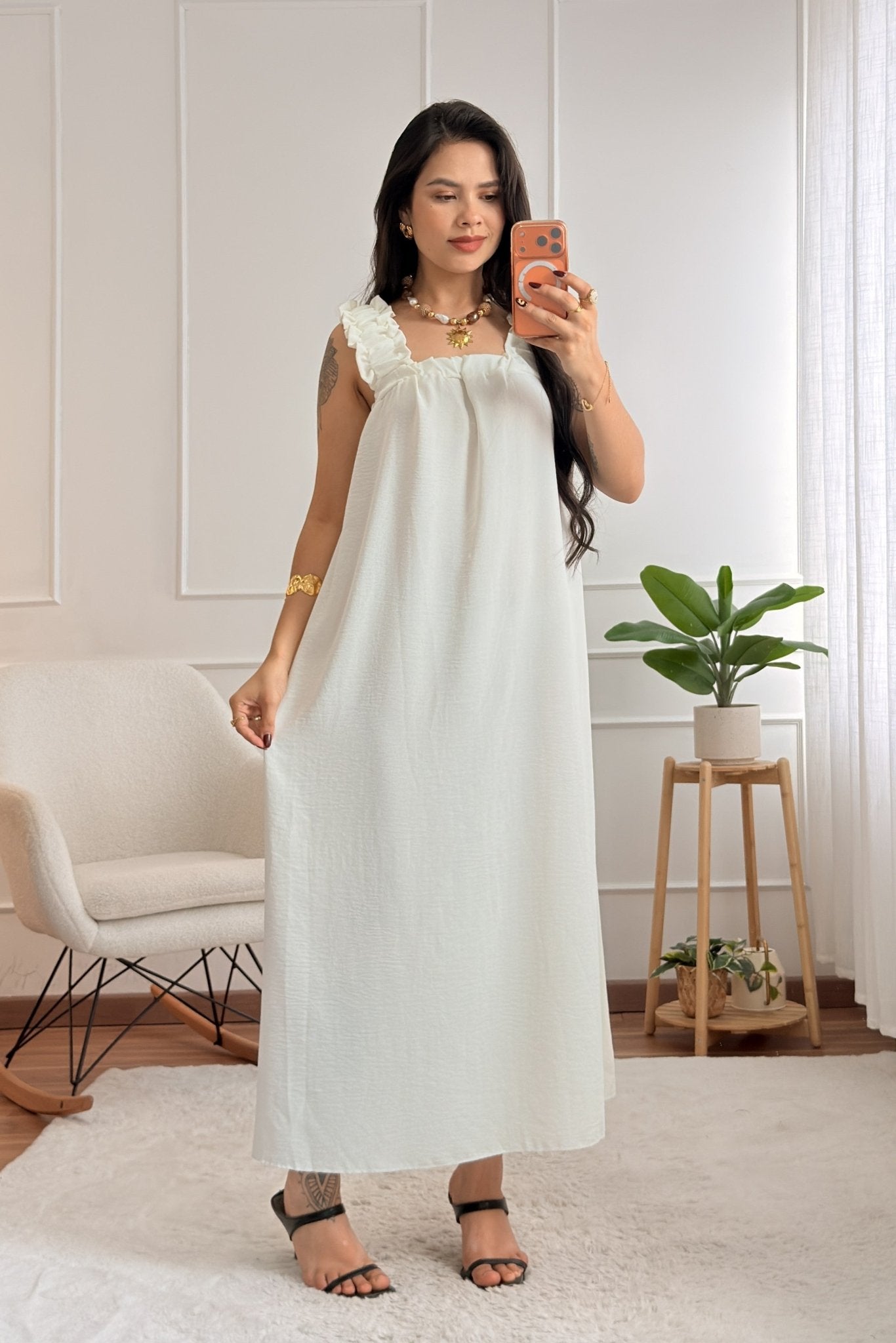 Vestido comprido de alças com folho e laço - lavishiochicvestidolavishiochic