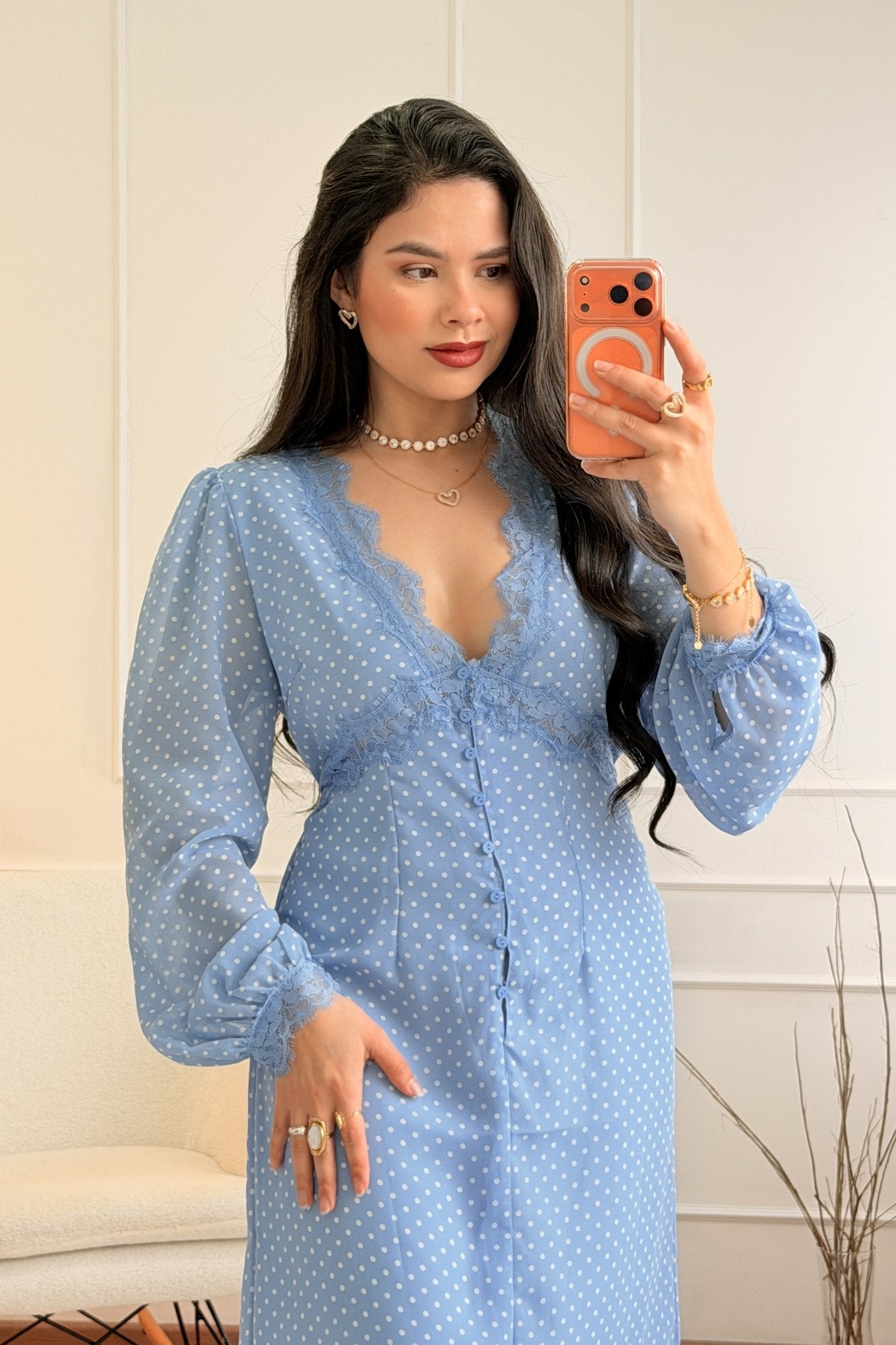 Vestido comprido de bolinhas com renda - lavishiochicvestidolavishiochic