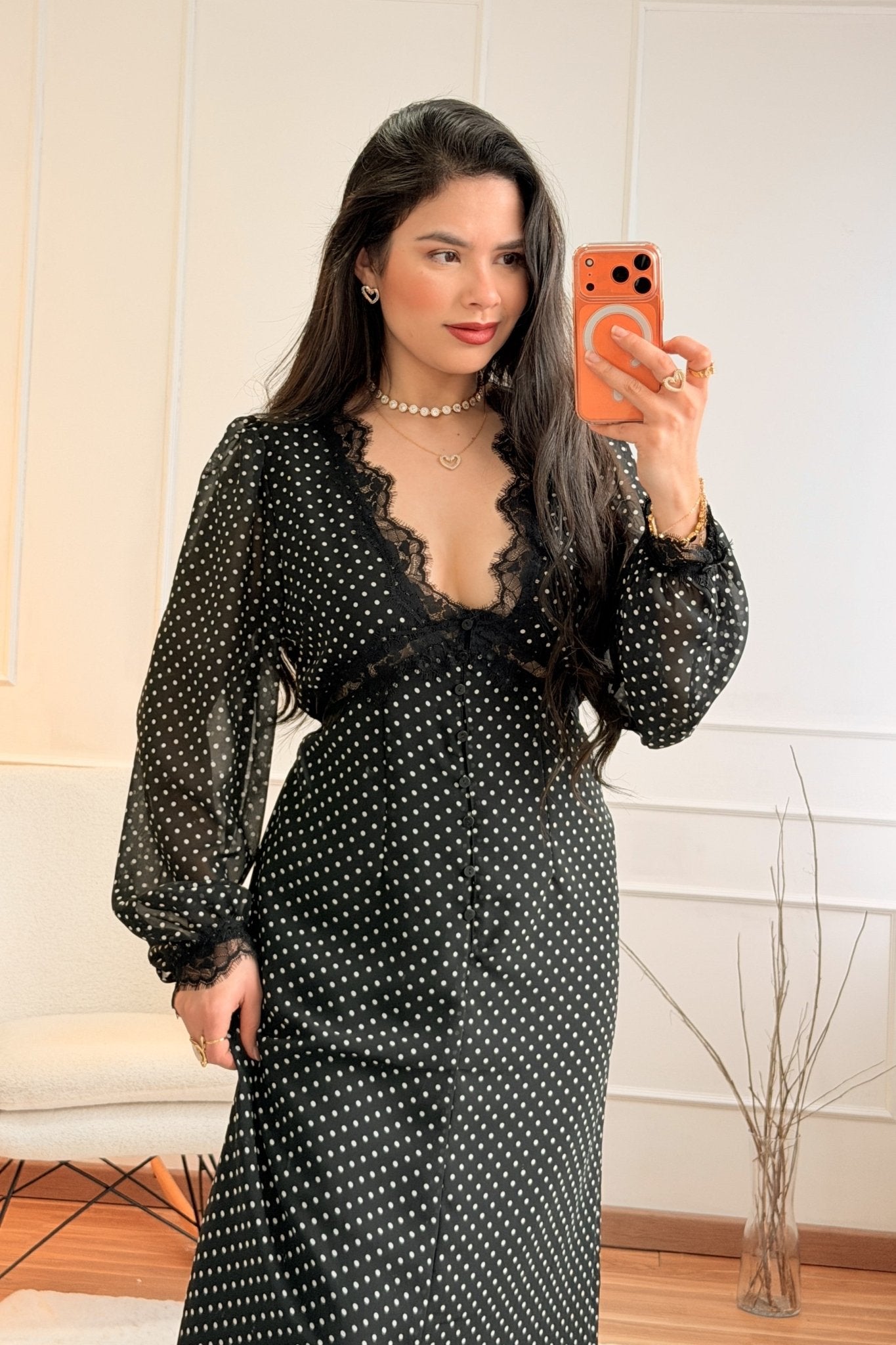 Vestido comprido de bolinhas com renda - lavishiochicvestidolavishiochic