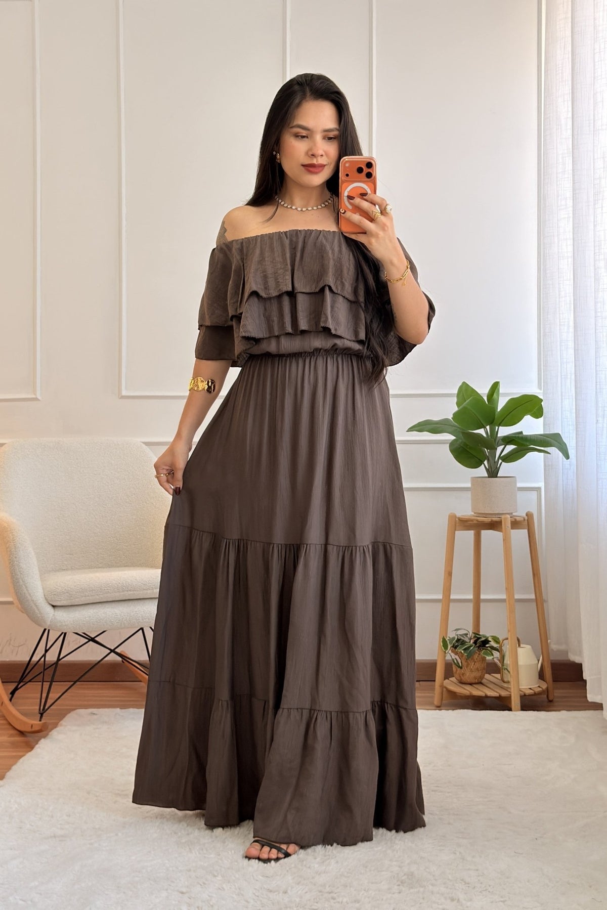 Vestido comprido de decote ombro a ombro - lavishiochicvestidolavishiochic