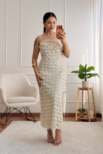 Vestido comprido em tule com franjas e lantejoulas LUMINA - lavishiochicvestidolumina