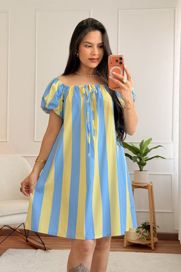 Vestido curto às riscas com manga bufante - lavishiochicvestidolavishiochic