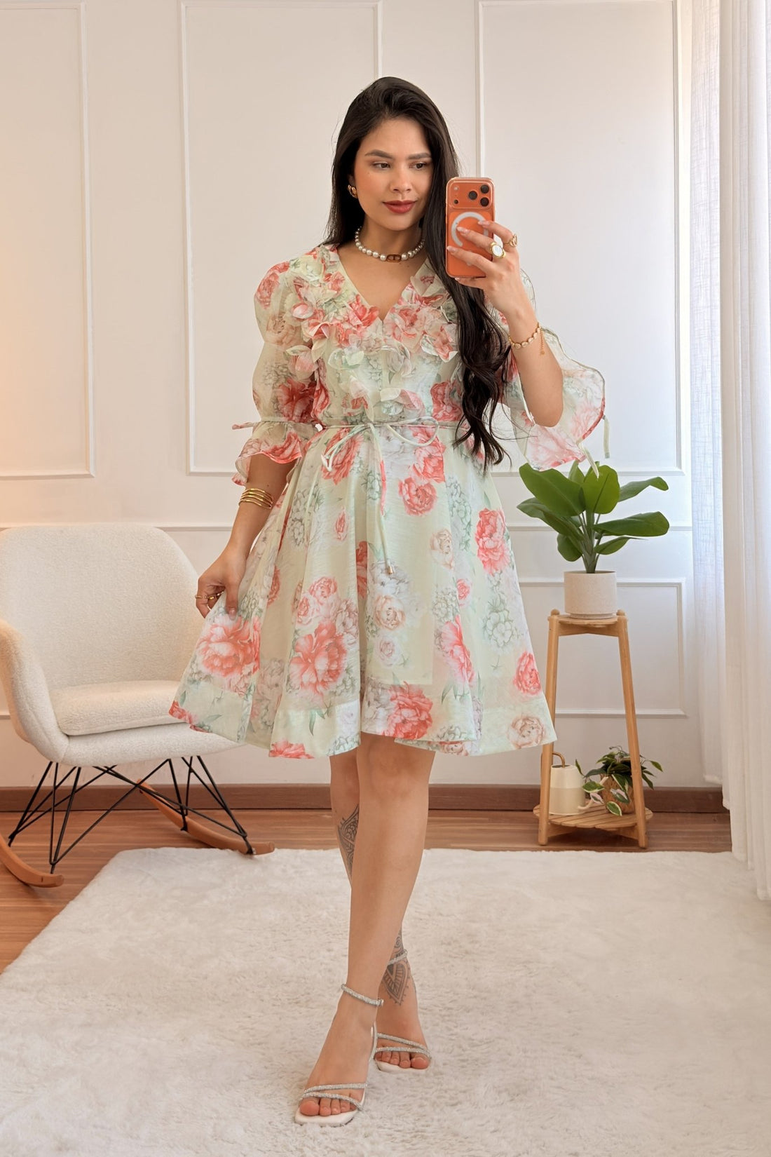 Vestido floral com folhos e manga fluida FLAMMODE - lavishiochicvestidoFlammode