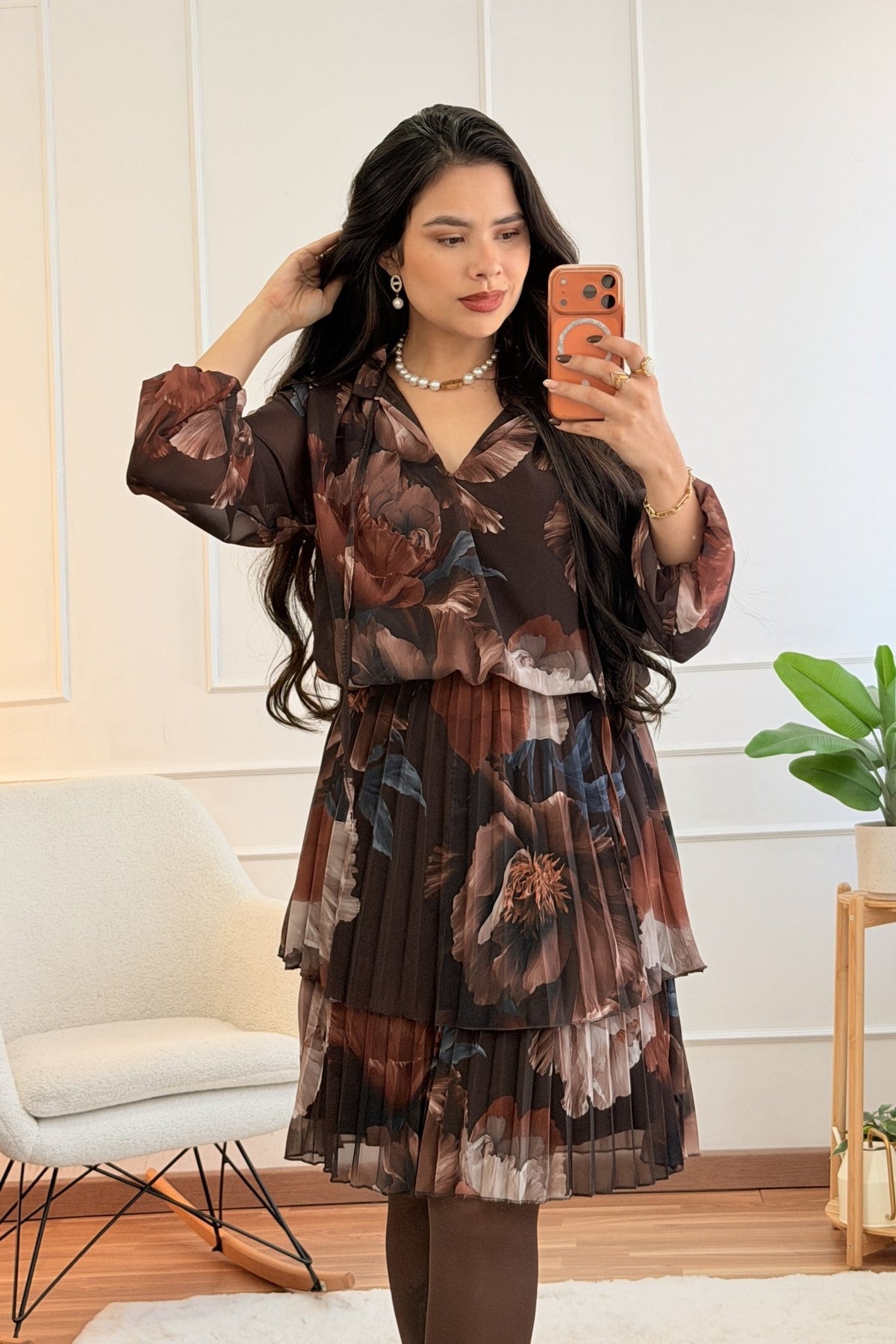 Vestido floral com laço e saia plissada em camadas - lavishiochicvestidolavishiochic