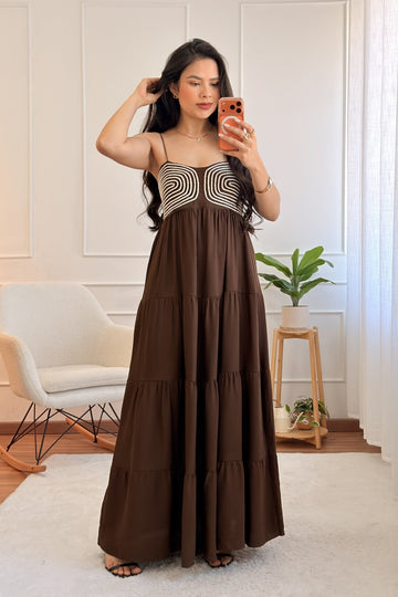 Vestido longo com bordado geométrico - lavishiochicvestidolavishiochic