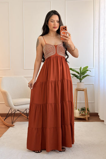 Vestido longo com bordado geométrico - lavishiochicvestidolavishiochic