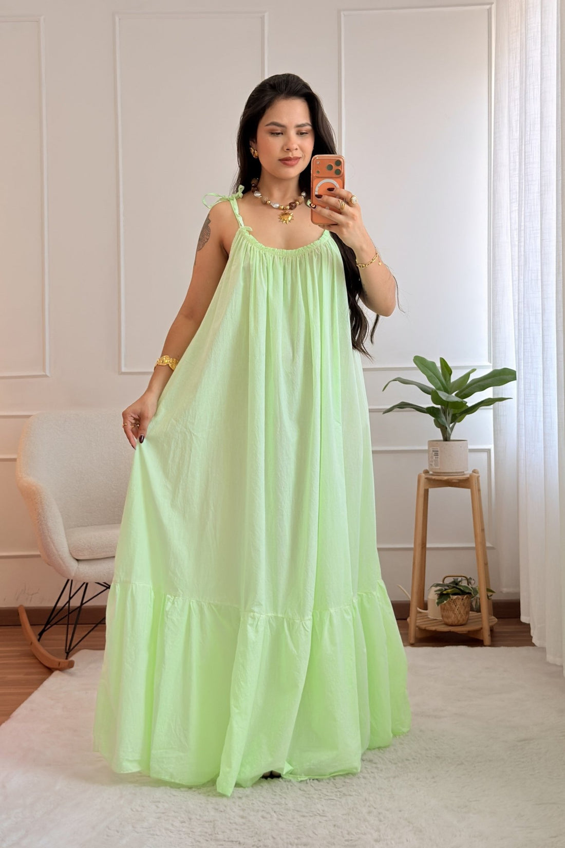 Vestido longo de alças com laços e barra em folho - lavishiochicvestidolavishiochic