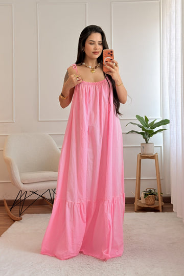 Vestido longo de alças com laços e barra em folho - lavishiochicvestidolavishiochic