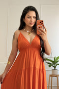 Vestido longo fluido com costuras efeito camadas - lavishiochicvestidoPromoção