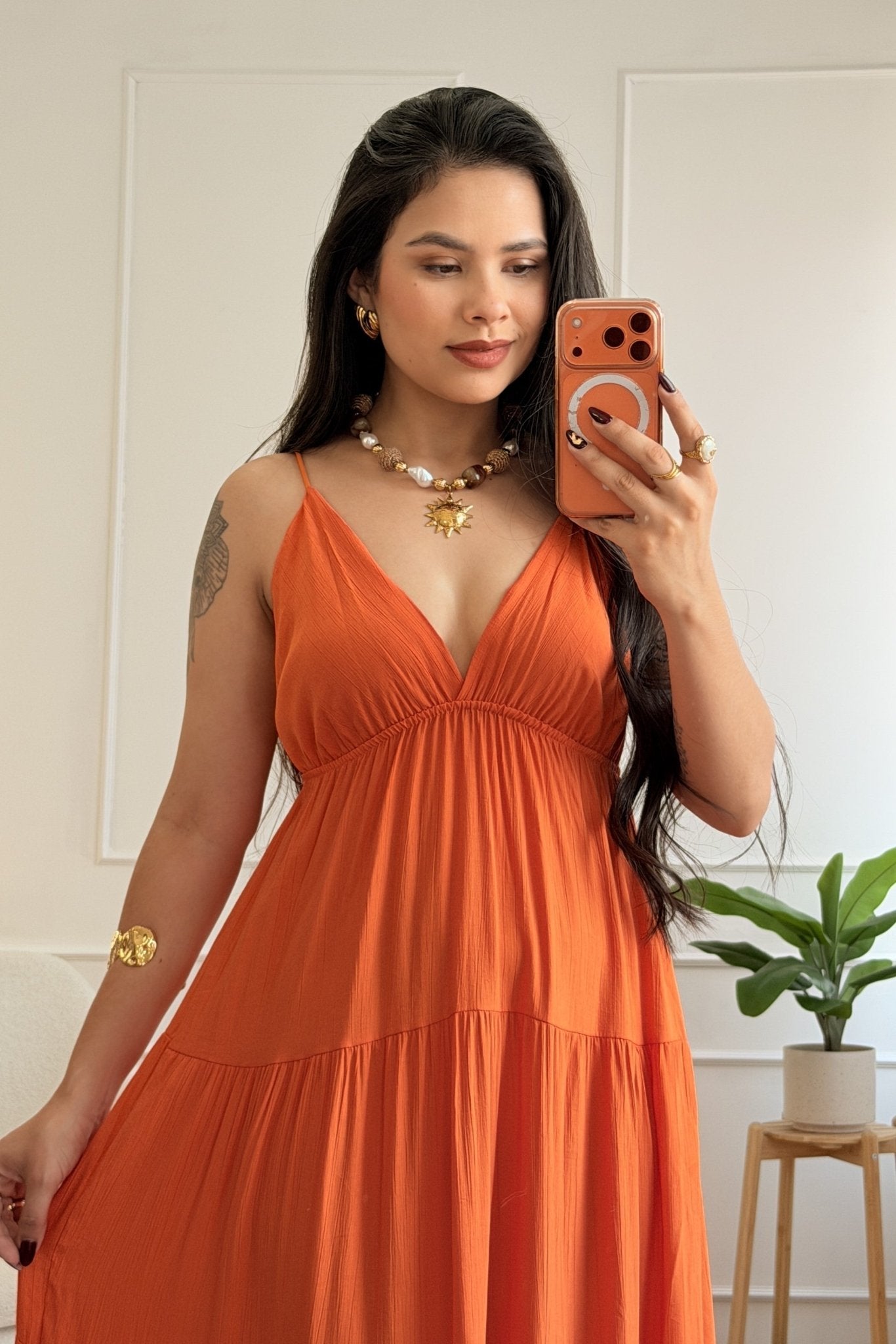 Vestido longo fluido com costuras efeito camadas - lavishiochicvestidoPromoção