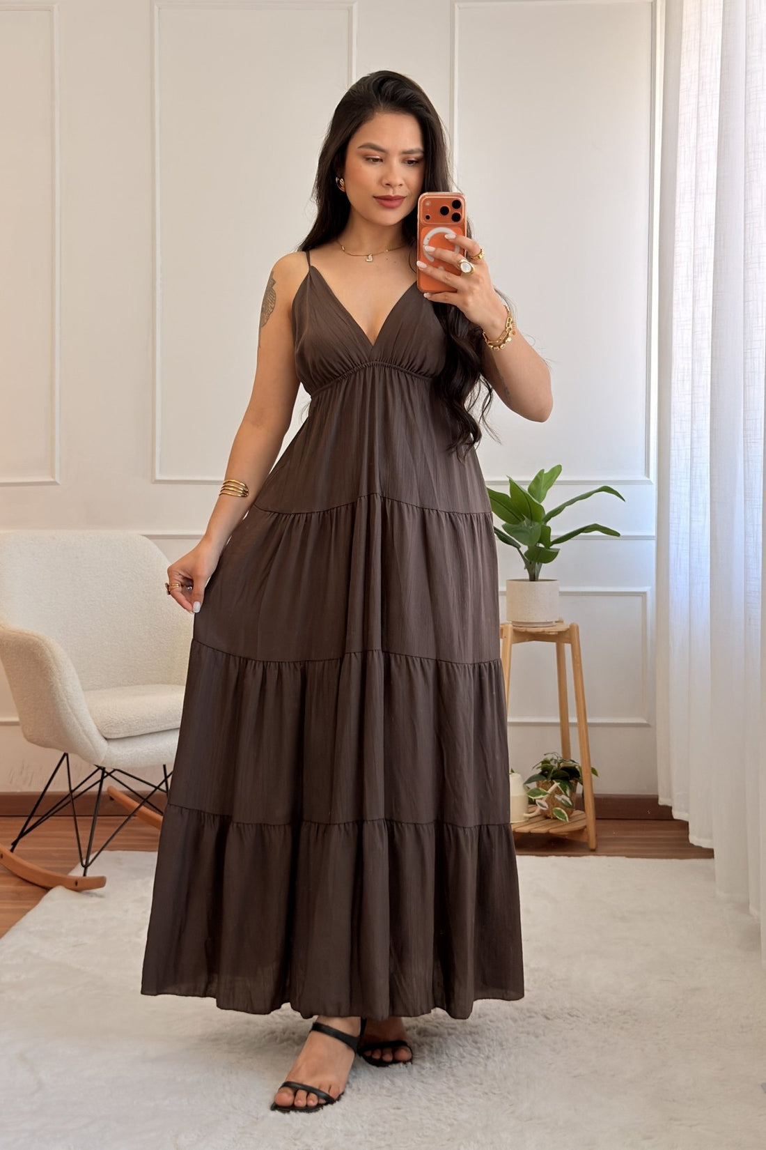 Vestido longo fluido com costuras efeito camadas - lavishiochicvestidolavishiochic