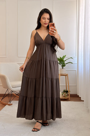 Vestido longo fluido com costuras efeito camadas - lavishiochicvestidolavishiochic