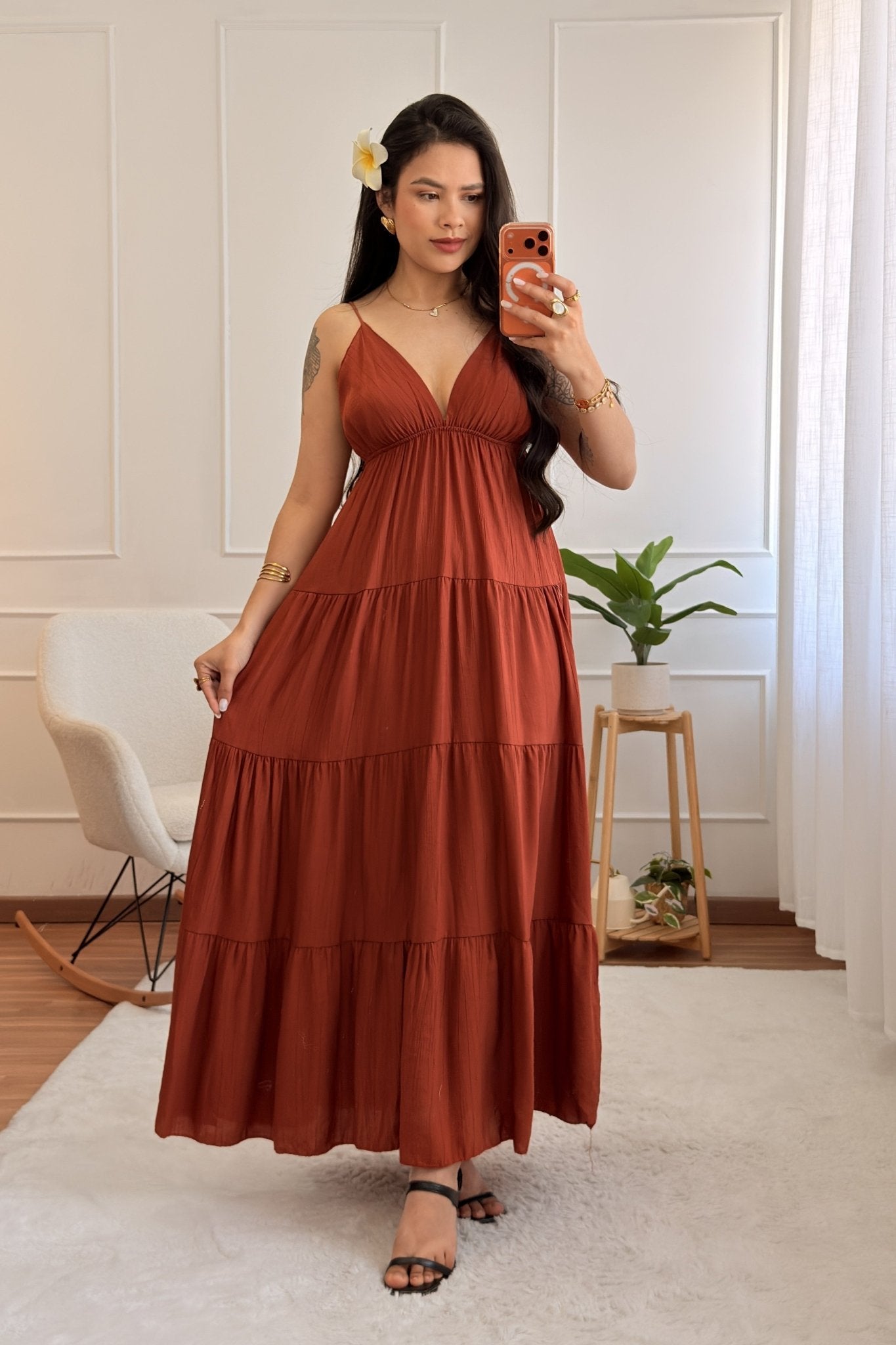 Vestido longo fluido com costuras efeito camadas - lavishiochicvestidolavishiochic
