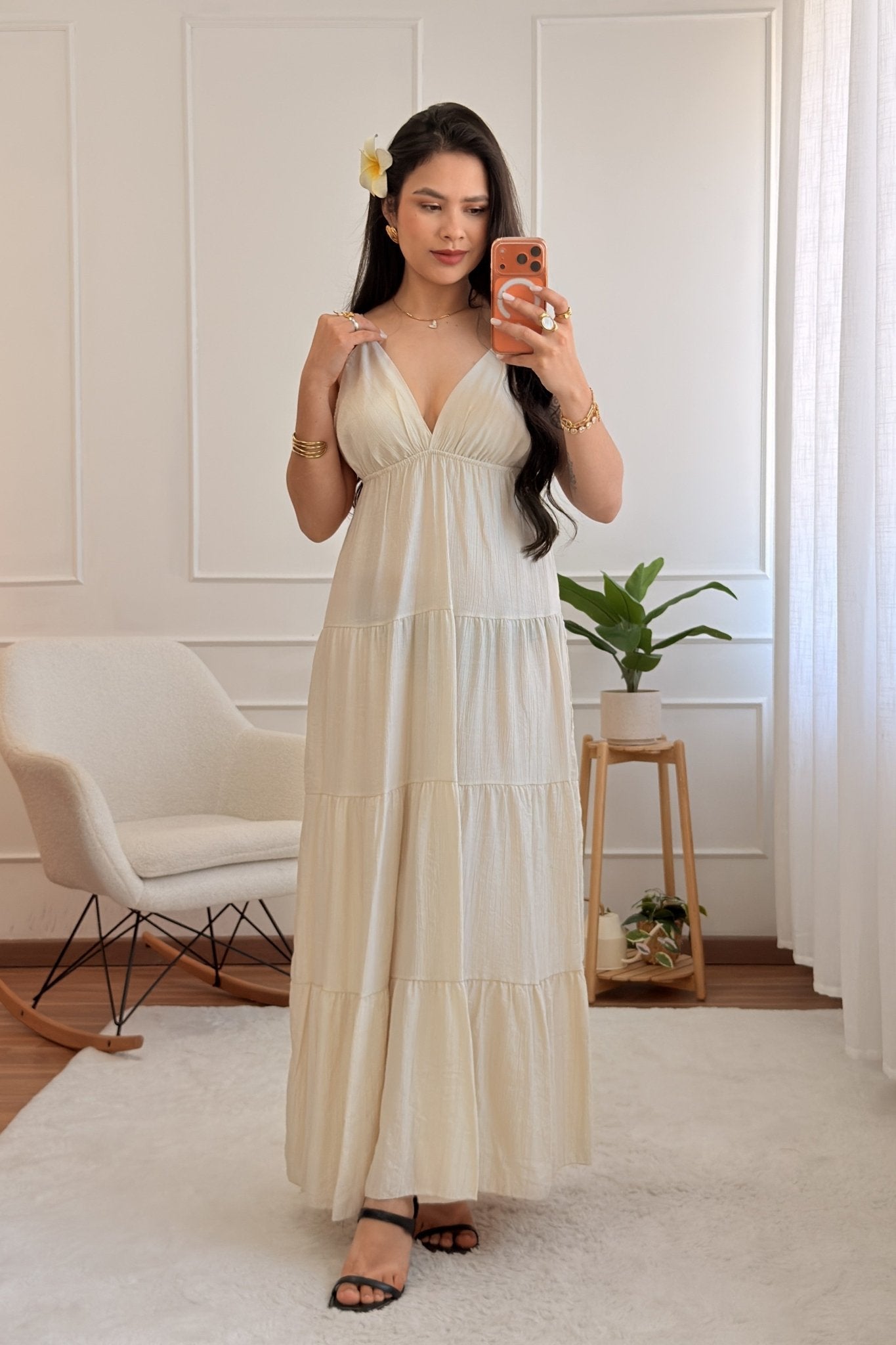 Vestido longo fluido com costuras efeito camadas - lavishiochicvestidolavishiochic