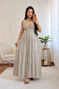 Vestido longo fluido com costuras efeito camadas - lavishiochicvestidoPromoção