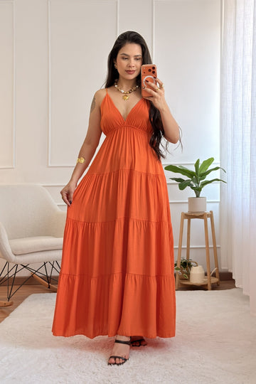 Vestido longo fluido com costuras efeito camadas - lavishiochicvestidoPromoção