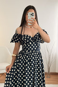 Vestido longo ombro a ombro com bolinhas AZAKA - lavishiochicvestidoAZAKA