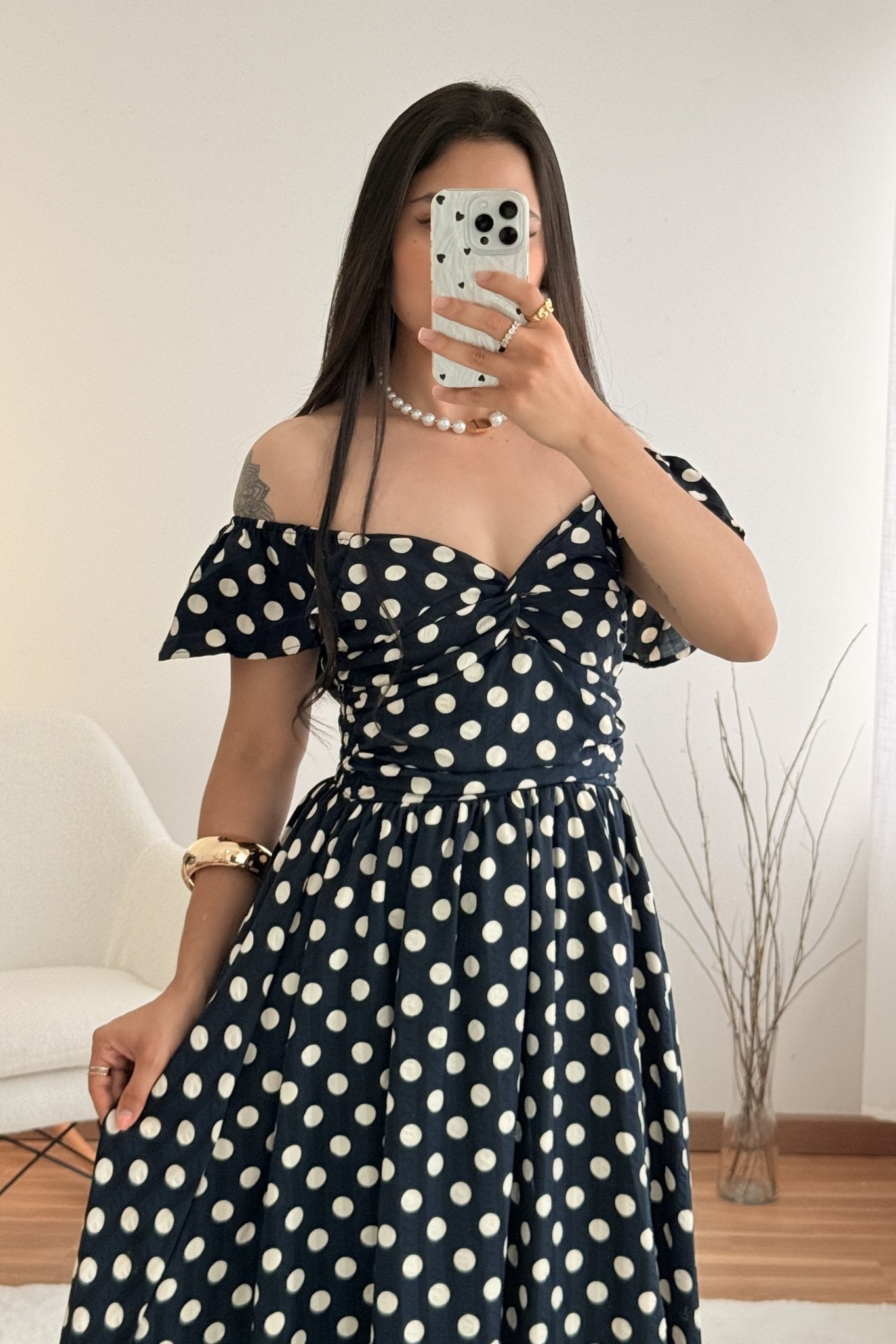 Vestido longo ombro a ombro com bolinhas AZAKA - lavishiochicvestidoAZAKA