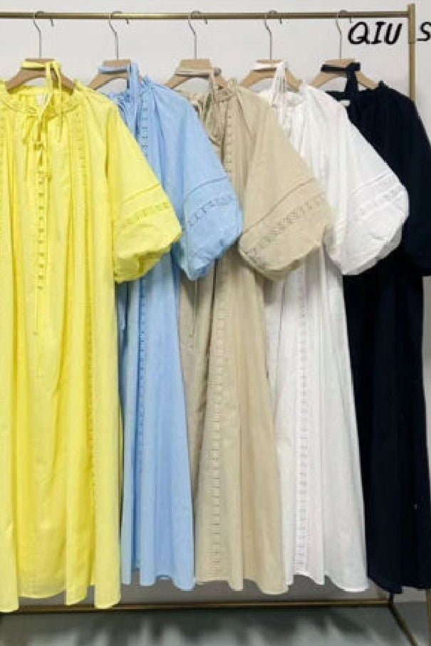 Vestido midi com detalhes artesanais e mangas abalonadas - lavishiochicvestidolavishiochic