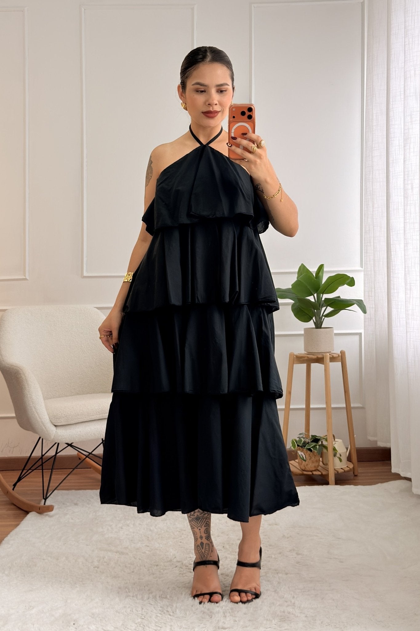 Vestido midi com folhos em camadas - lavishiochicvestidolavishiochic